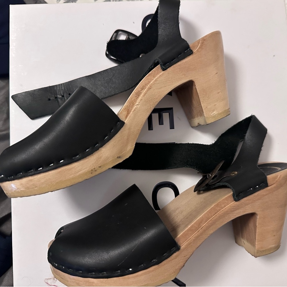 No. 6 Store Black Leather Clogs with Wooden Heel